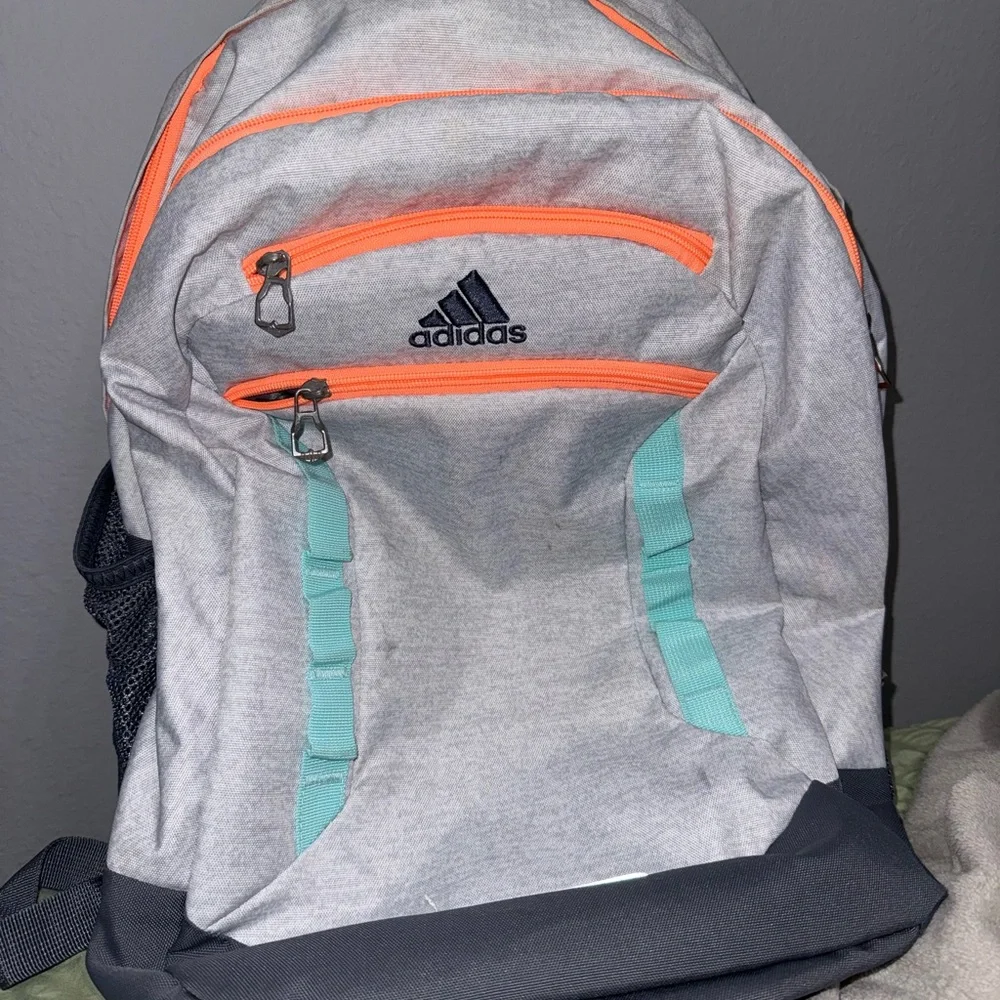adidas Light Gray Backpack with Teal Accents and Orange Zippers - Picture 7 of 7